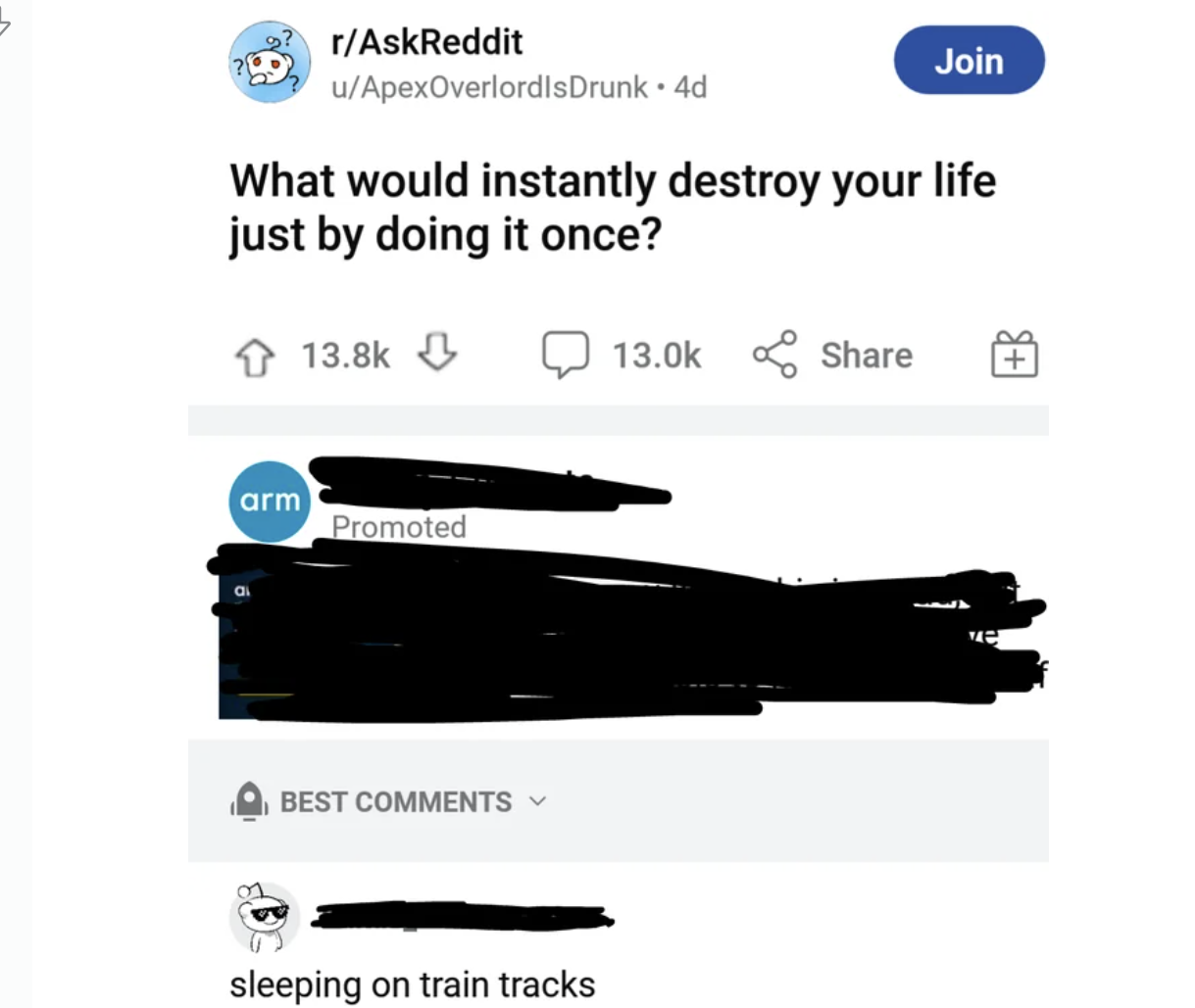 graphics - rAskReddit uApexOverlordlsDrunk 4d Join What would instantly destroy your life just by doing it once? arm Promoted Best sleeping on train tracks ve